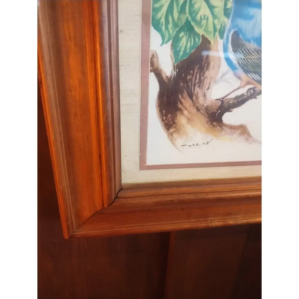 Vintage Art Framed Picture Painting Print Birds Tree Decorative Wood Frame & Mat